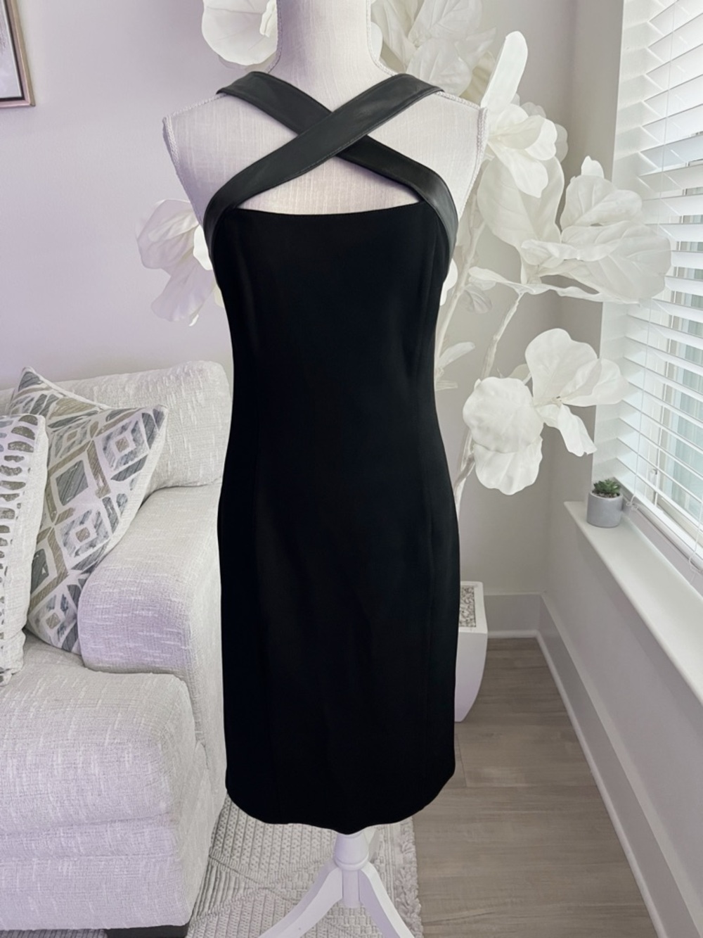 St. John Black Leather Cross-Strap Evening Sheath Dress Size 10